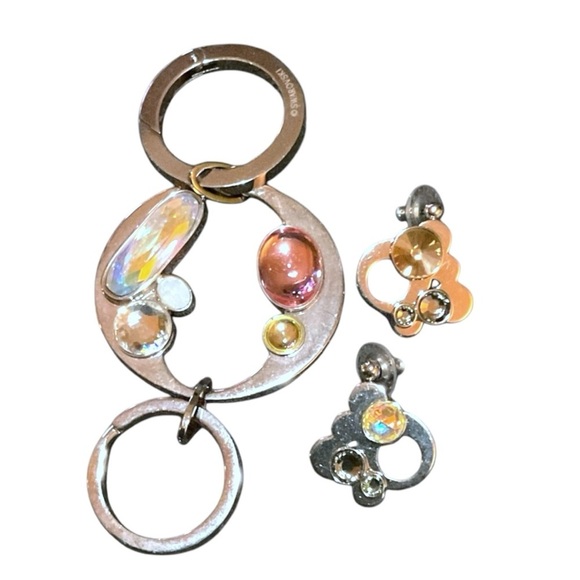 Swarovski AB Crystal Cabochon Rhinestone Silver Tone Keychain and Earrings Set - Picture 4 of 7